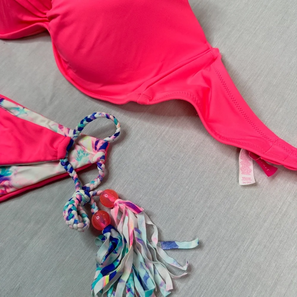 Victoria's Secret Push Up Bikini Reversible Bottoms size L 36DD Fringe Hot Pink - Picture 6 of 6